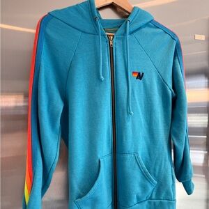 Turquoise Aviator Nation long sleeve zip up hoodie size M with bright stripes